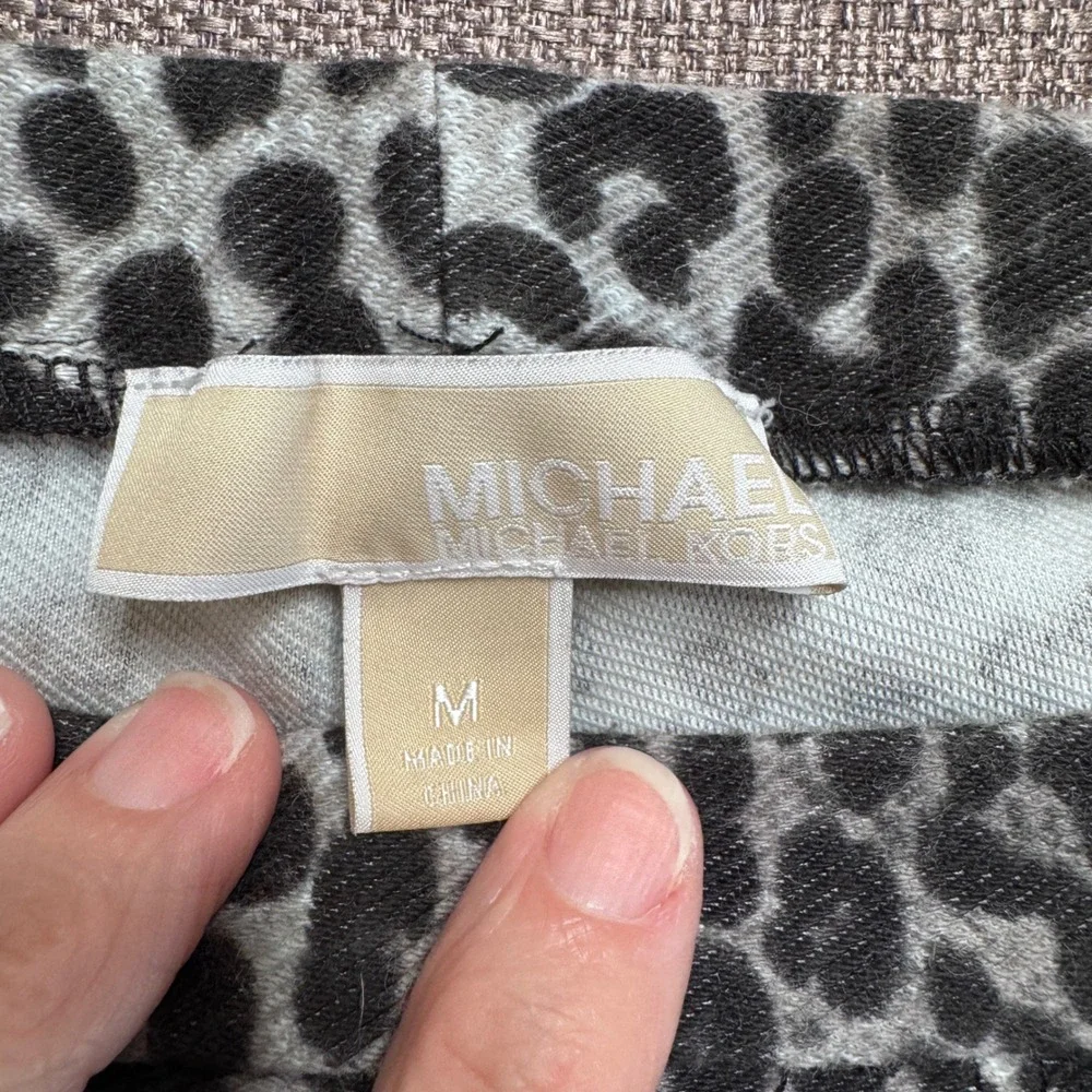 Michael Kors Womens Gray Black Leopard Print Skinny Pants Size M Gold Hardware